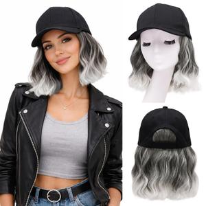 Hat Wigs for Women Baseball Cap with Hair Extensions Short Wave Synthetic baseball Cap Wig for Women Adjustable Hat with Hair Attached for Daily Use(14inch)