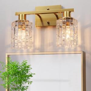 Huong Son 2 Light Brushed Gold Bathroom Vanity Light Over Mirror, Modern Vanity Lighting with Crystal Glass Shade, Wall Mount Bathroom Light Fixtures, E26 Base