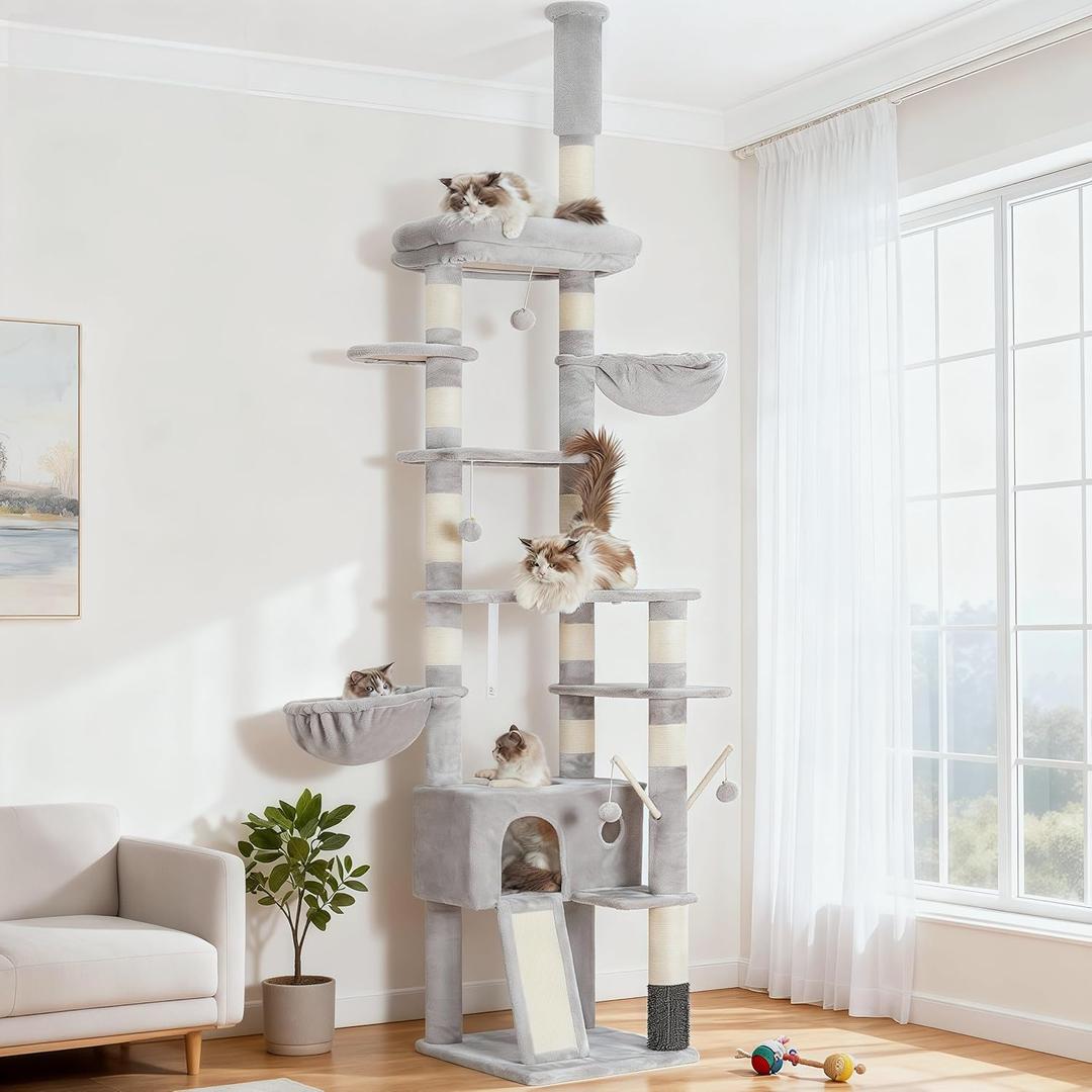 Hey-brother Cat Tree, 98.4-110.2 Inches Floor to Ceiling Cat Tree-Adjustable Height, Tall Cat Climbing Tower for Cats Large Adult with Scratching Post, Cat cando, Light Gray 0MPJ091W