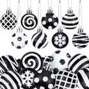 Realspring 24 Pcs Christmas Ball Ornaments Black and White Christmas Tree Decoration Ornaments 2.36 Inches Glitter Plastic Stripe Dot Snowflake Hanging Decoration for Home Indoor