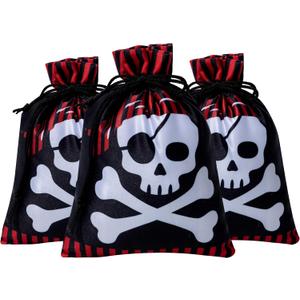 RICHNESS 16pcs Pirate Party Favor Bags Skull and Crossbones Goody Loot Gift Bag with Drawstring Closure Satin Party Loot Bags 4.5X6 Inches (Red & Black)