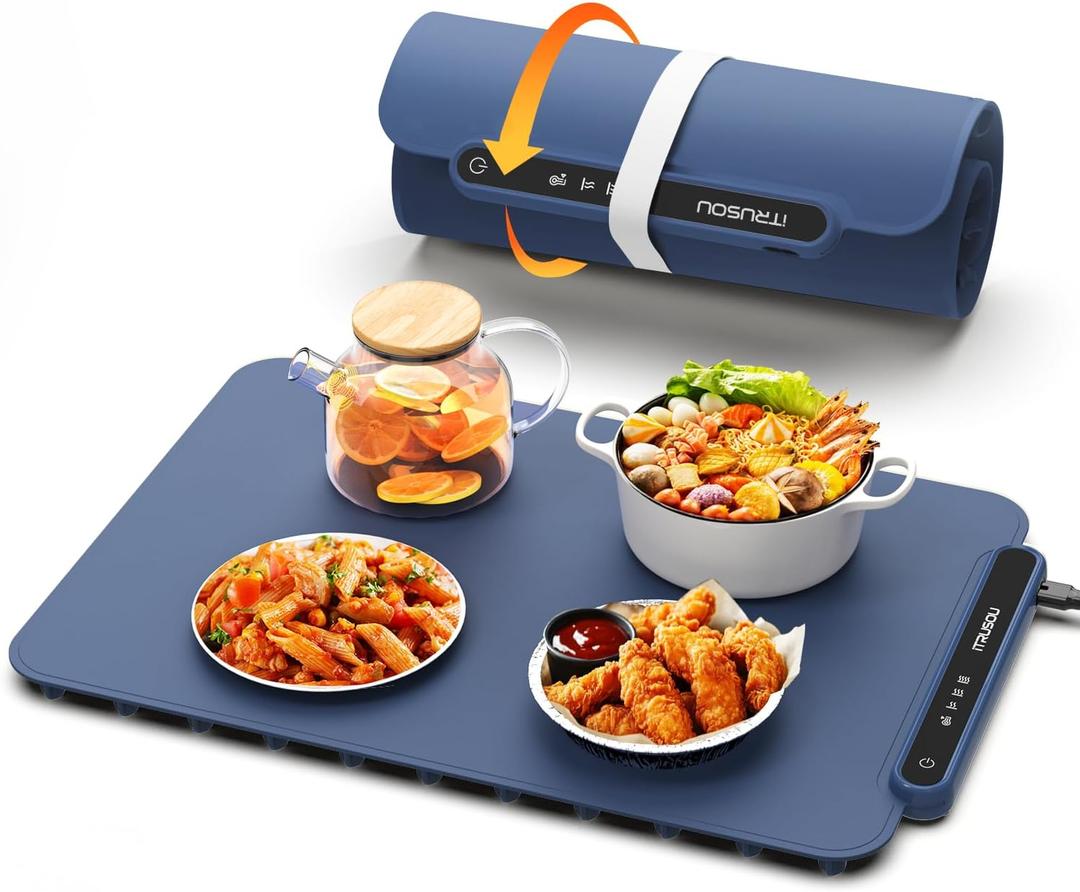 Food Warming Mat, iTRUSOU Electric Warming Tray Full Surface Heating to Keep Food Warm or Thawing, Versatile Food Warmer with 3 Temperature Setting for Parties Buffets Gatherings Holidays Daily Use (18.5*12.8inch-110V, Dark Blue)