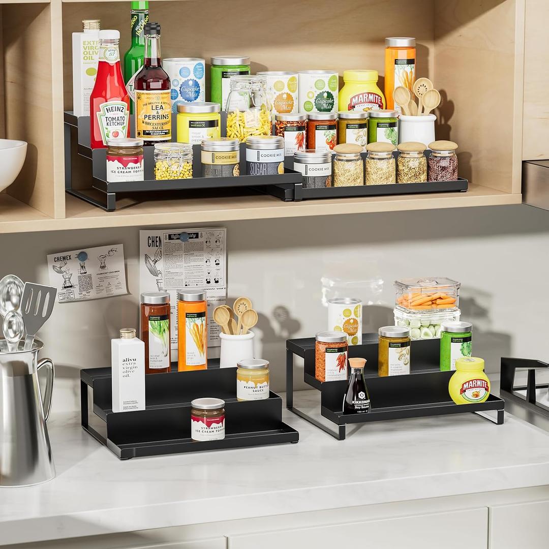 RCHYFEED Spice Rack Organizer for Cabinet, Set of 2 Metal 3 Tier Spice Rack 11.8"-22.8" Expandable Display Risers, Seasoning Organizer for Kitchen, Cabinet, Countertop, Pantry Spice Organizer