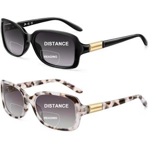 JM 2 Pack Classic Bifocal Reading Glasses Rectangular Stylish Sunglasses Readers for Women +2.5 All Black&Grey Tortoise