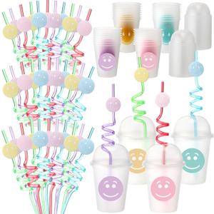 Yaomiao Smile Face Sipper Cups with Straws and Lids, 12 oz Clear Plastic Cups Happy Face Party Cups with Dome Lids Happy Party Favors for Kids, Tea, Coffee, Smoothie, Cold Drinks(32 Pack)