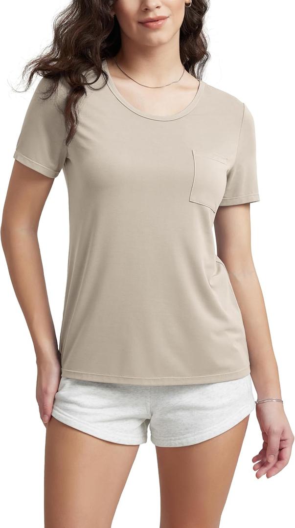 ODODOS Women's Short Sleeve T-Shirts with Pocket - Ultra Soft Relaxed Tee Casual Lounge Yoga Tops, Beige, Medium (M)