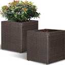 SUNNYPARK Set of 2 Large Square Planter with Removable Liner, All-Weather PE Rattan Modern Planters Indoor Outdoor Flower Plant Pots Garden Box Patio Yard Front Porch Deck
