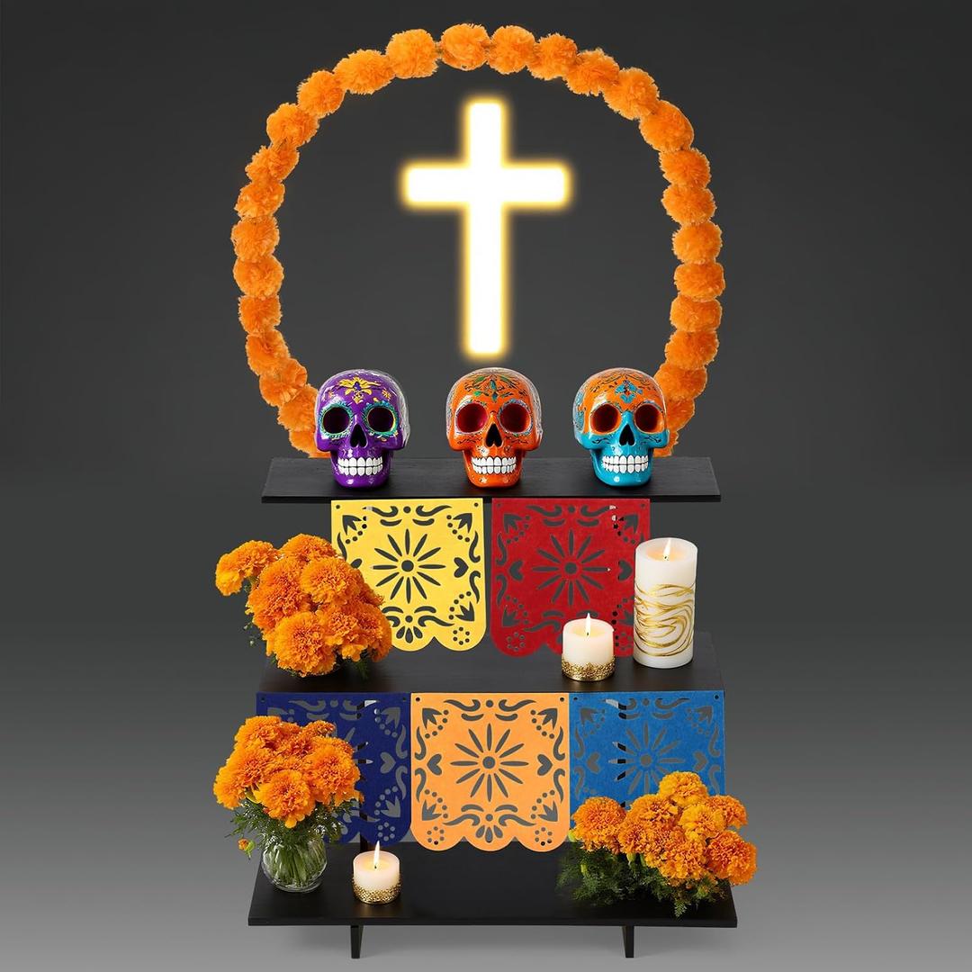 Geelin Day of The Dead Altar Kit Dia De Muertos Altar Decor Set Include 3-Tier Black Wooden Stand, 2 Papel Picado Banner String Flags, 5ft Artificial Marigold Flowers Garland for DIY Party Decoration