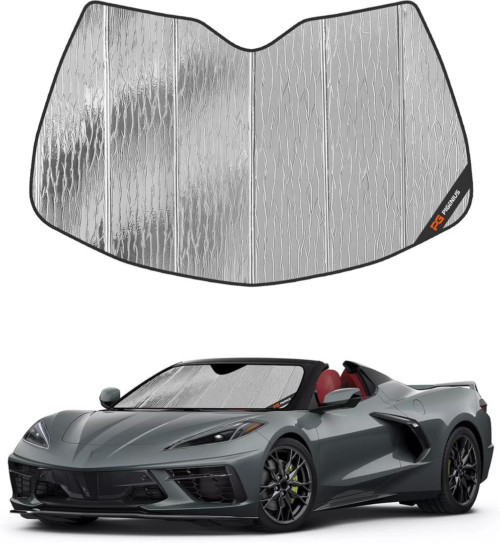 Pigenius Windshield Sun Shade for Chevy Corvette C8 2020-2026, Reversible Silver/Black