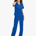 Scrubs for Women Set Medical Uniform - V-Neck Top & Straight Leg Pants with 9 Pockets, Unisex Workwear, Royal Blue, L