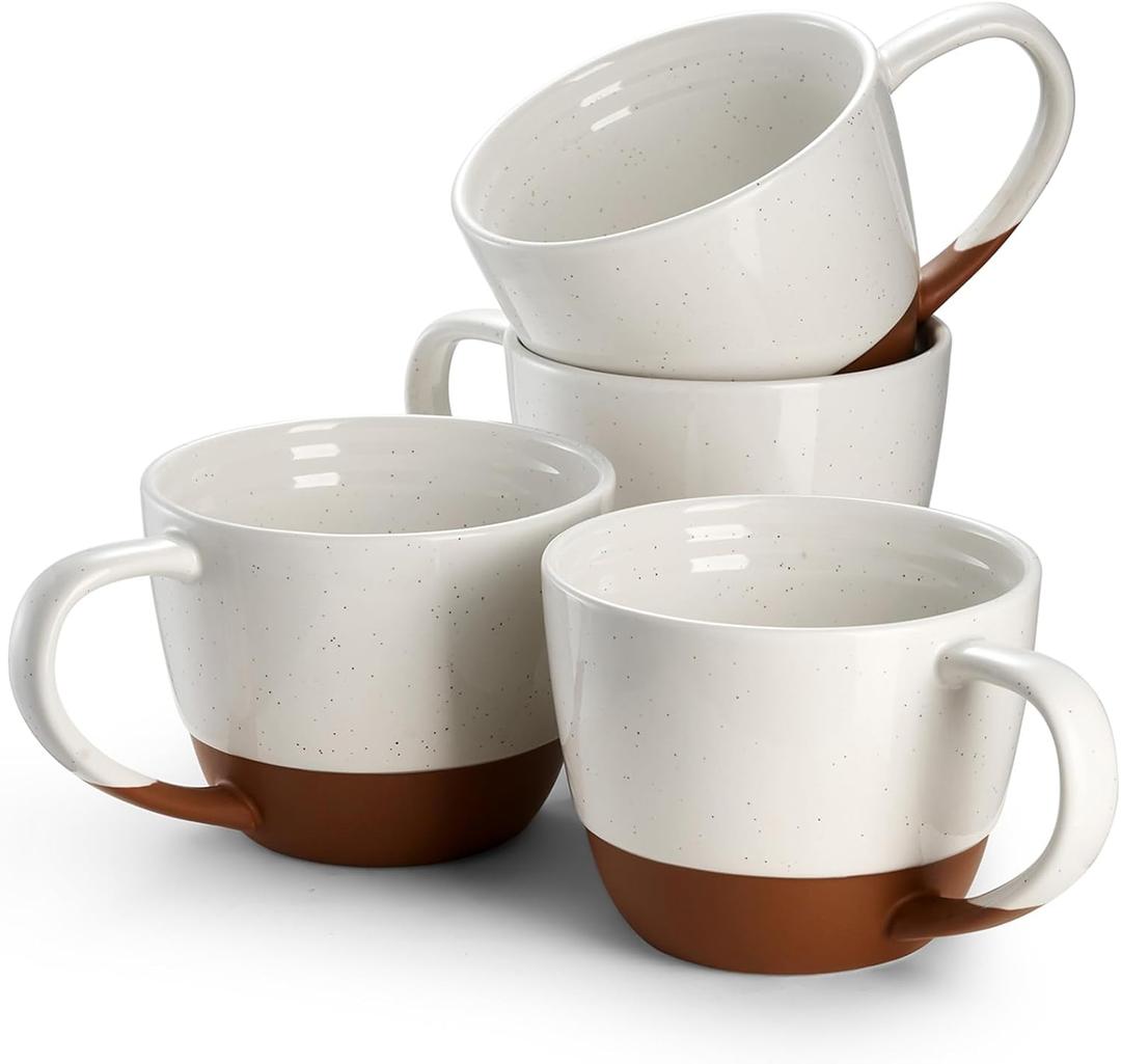 DOWAN Large Coffee Mugs Set of 4, 18 oz Ceramic Coffee Cups with Big Handle for Latte, Tea, Cappuccino, Unique Design Housewarming Gift for Men and Women, Glaze with Specks
