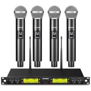 Aokeo Wireless Microphones System, 4 Channel UHF Wireless Mics,with 4 Handheld Dynamic Microphones,Metal Receiver for Karaoke,Singing,Wedding,Party,Speech,Church (V400)