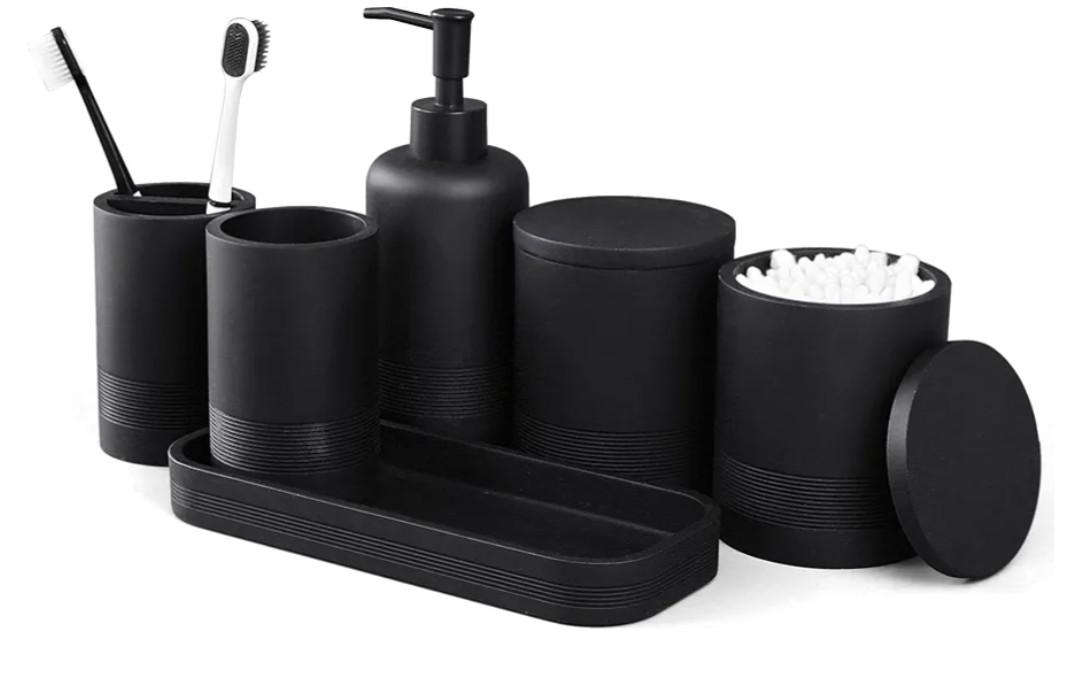6-Piece Bathroom Accessories Set, Organizer Set with Soap Dispenser, Toothbrush Holder Set, Vanity Tray, Tumbler & 2 Cotton Swab Jars – Modern Stylish Bathroom Storage(Matte Black)