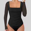 Chunpin Women's Square Neck Bodysuit Ruched Top Mesh Long Sleeve Bodysuits Thong Body Suits Leotard Shirt Going Out S