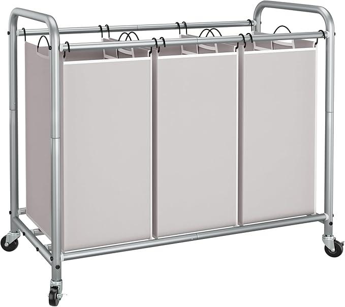 3 Section Laundry Sorter, 35.6 Gal (135 L) Laundry Hamper Cart with Heavy Duty Rolling Lockable Wheels and Removable Bags, Clothes Organizer Basket Clothes Separator Hamper, Gray