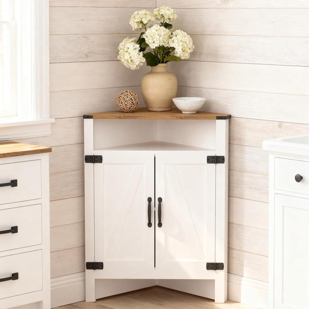M METERXITY Bathroom Corner Cabinet, Farmhouse Corner Cabinet with Barn Doors, Adjustable Shelf, Small Storage Cabinet Corner for Kitchen, Pantry, Dining, Living, Entryway, Rustic