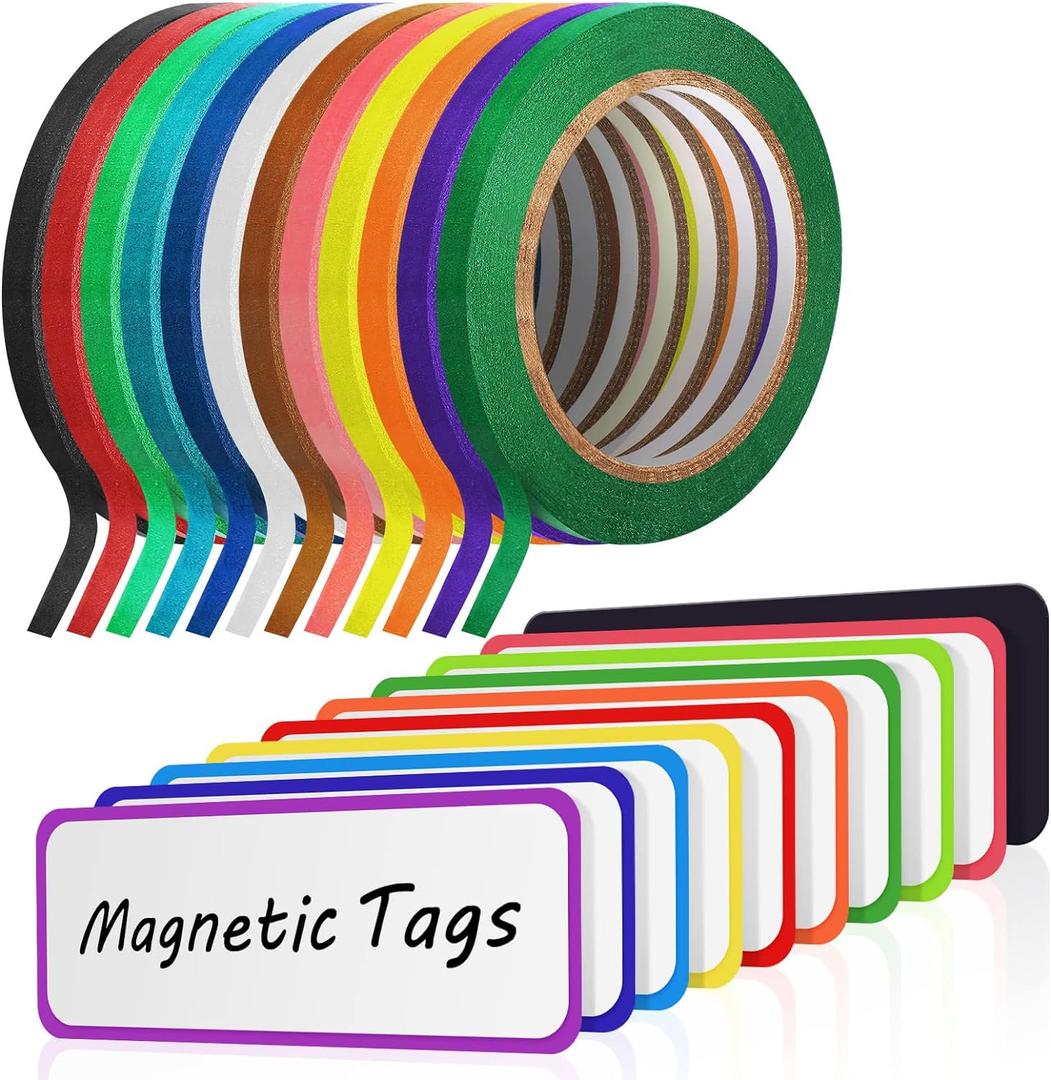 Fainne 12 Roll 1/8 Whiteboard Thin Tape with 54 Magnetic Dry Erase Label Name Plate Tag Magnetic Name Tag Pinstriping Tape for Back to School Office Supplies(Colorful,3.2 x 1.2 in)