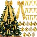 Gejoy Bow Christmas Tree Decoration Set, 30 Pcs Small Bows 1 Pcs 47" x 15.7" Large Tree Topper Satin Bows and 36 Christmas Balls Hanging Ornaments, Xmas Glitter Balls for Holiday Decor(Gold)