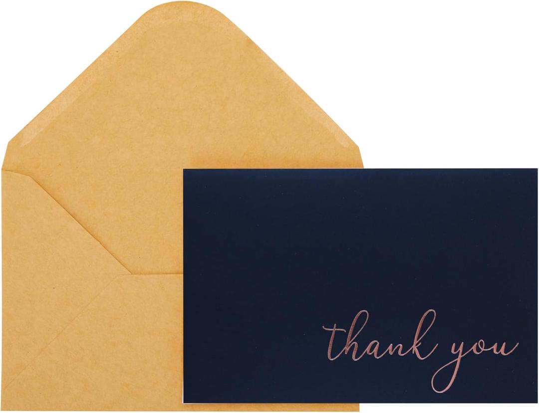 CHRIZ.Z Thank You Cards - Blank 50 Pack Navy Blue Matte Finish Cards with Rose Gold Foiled Thank You Printed with 52 Kraft Envelopes 4" x 6" - for Wedding Bridal Shower Baby Shower Birthday Party