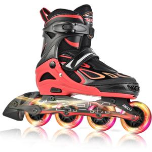 2PM SPORTS Vinal Girls Adjustable Flashing Inline Skates, All Wheels Light Up, Fun Illuminating Skates for Kids Men Adult Women and Boys (X-Large - Adult (9.5W-12W/8.5M-10.5M), Red)