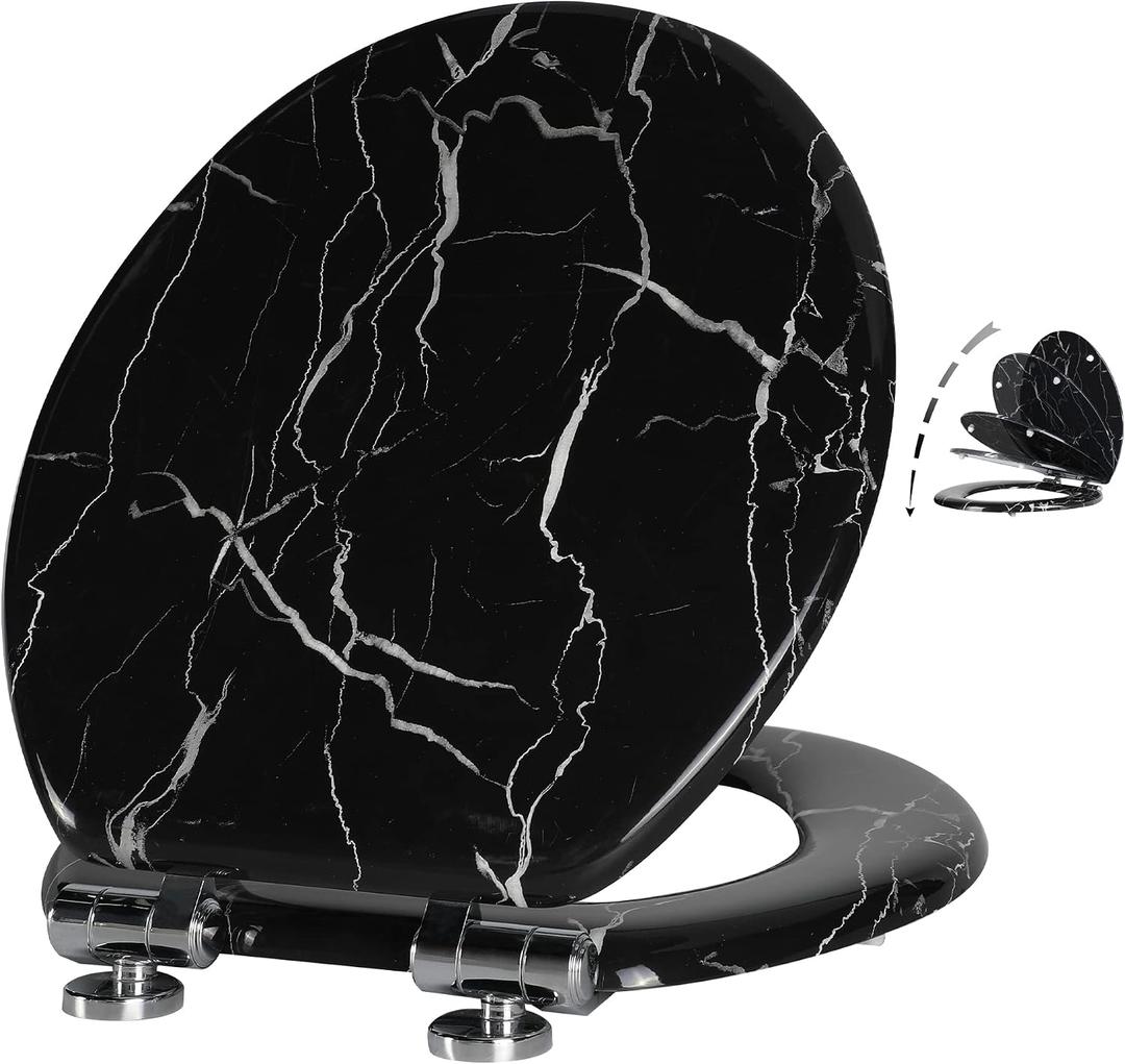 Angel Shield Marble Toilet Seat Durable Molded Wood with Quiet Close,Easy CleanQuick-Release Hinges (Round,Black Marble)