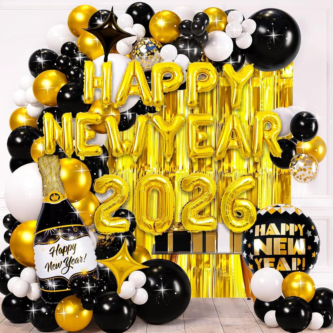 2026 New Years Eve Party Supplies Set, New Year Decorations 2026, Gold Black Party Balloons Supplies Happy New Years Decoration with 2026 Balloons, Happy New Year Banner, Foil Balloons, Fringe Curtain