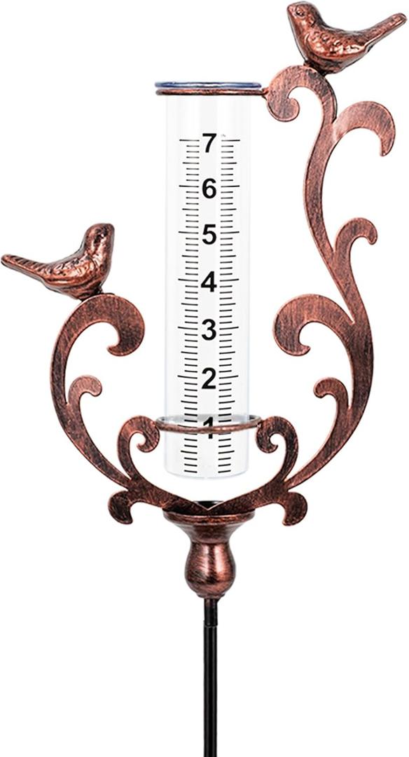 pearlstar Rain Gauge Outdoor Bird Copper Rain Gauge 7" Capacity Rain Gauges with Metal Stake Plastic Tube for Yard Garden Patio Pathway Decor