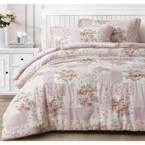 Chezmoi Collection Rosy 3-Piece Full Size Washed Cotton Comforter Set - Floral Bedding Set Ivory Green Pink Flower Polka Dot Printed Patchwork Reversible Lightweight Comforter for All Season