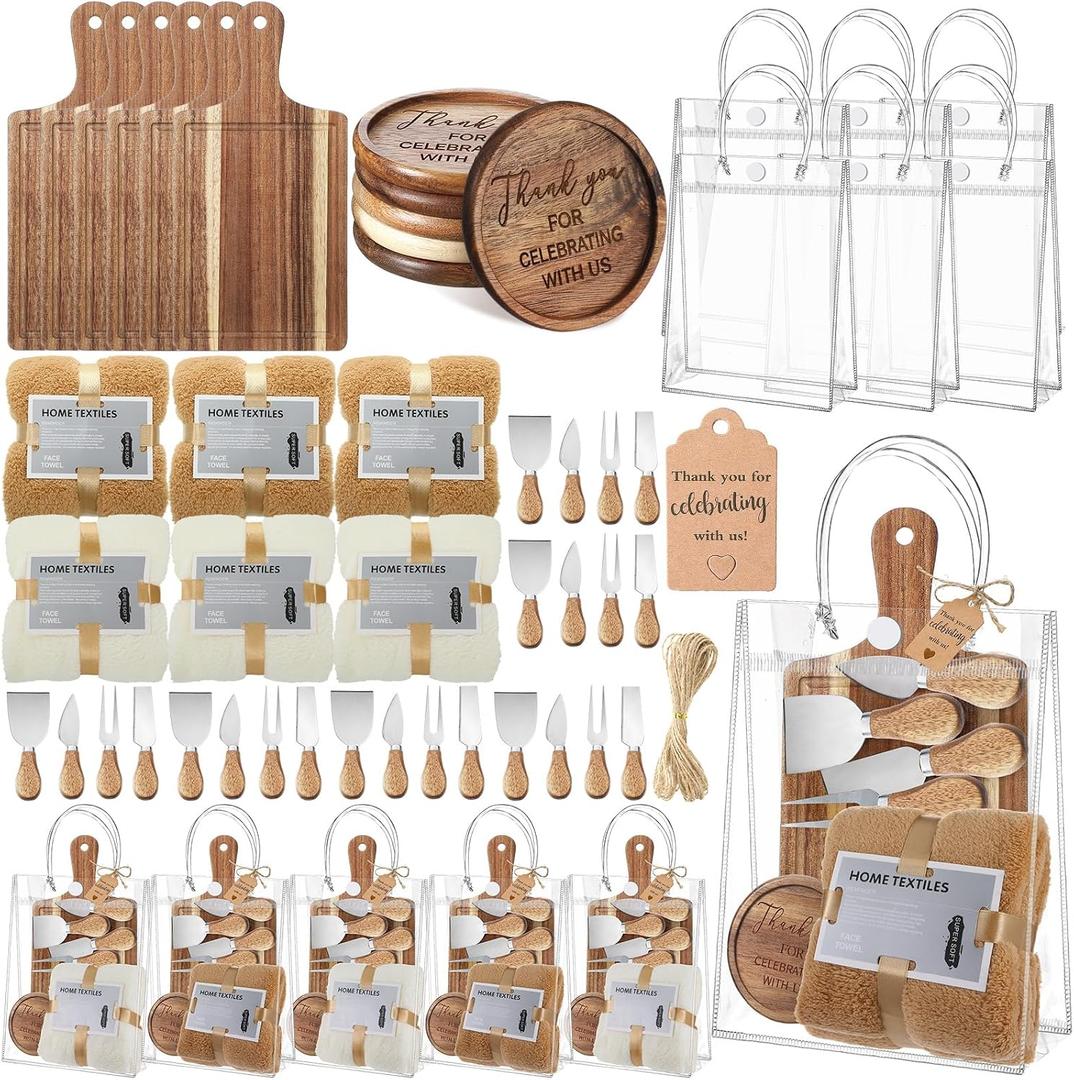 55 Pcs Baby Shower Prizes for Winners 6 Sets Baby Shower Winners Guest Gifts for Adult Cheese Board Cheese Knives Wooden Coasters Towels Thank You Tags Bag for Wedding Bridal(Acacia Wood)