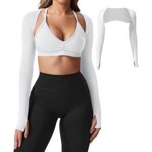 YEOREO Women Crop Top Long Sleeve Bolero Open Front Workout Cropped Shirts Sports Shrug (Medium, White)