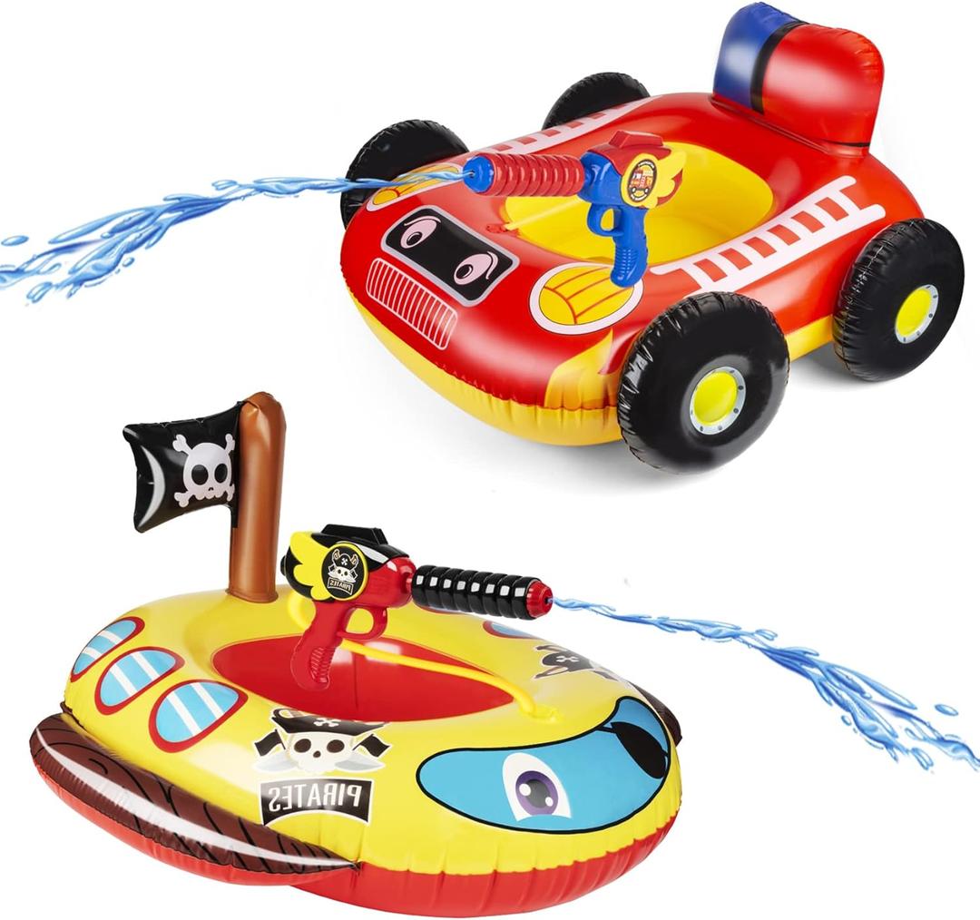 2 Pack Inflatable Kids Pool Float with Water Gun, Firetruck and Pirate Ship Pool Floats for Toddler, Toddler Pool Float for Girls with Squirt Gun