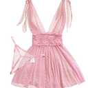Lilosy Sexy Polka Dots Mesh Sheer Babydoll Chemise Lingerie Set Floral Lace Sleep Wear Women Deep V Slip Night Dress Nighty Negligee Gown With Thong 2 Piece Pink Large