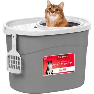 IRIS USA Large Top Entry Cat Litter Box with Lid Enclosed Covered Hooded Design Litter Catching Scatter Shield Pan Dog Proof Pet Proof Scoop Included Odor Control for Indoor Cats Kittens Gray/White