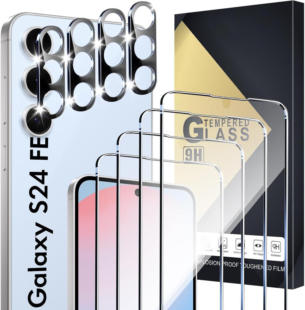 Screen Protector Compatible with Galaxy S24 FE 5G - [4+4 Pack] Camera Lens Protectors, Fingerprint Unlock Support, HD Tempered Glass, Touch Sensitive, Anti Scratch, Case Friendly