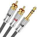 EMK 1/4 to RCA Cable, Quarter inch TRS Male to 2RCA Male Audio Cable 6.35mm Stereo Jack to Dual RCA Insert Cable Y Splitter Cord(1.5Ft/0.5M,Silver)