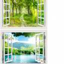 2pcs 3D Self-Adhesive Painting Fake Window Wall Stickers Tropical Island with Palm Trees Wall Mural Window View Wall Decor for Home (Forests and Lakes, 17.3"27.6")