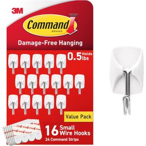 Command Small Wire Toggle Hooks, Damage Free Hanging Wall Hooks with Adhesive Strips, No Tools Wall Hooks for Hanging Organizational Items in Living Spaces, 16 White Hooks and 24 Strips