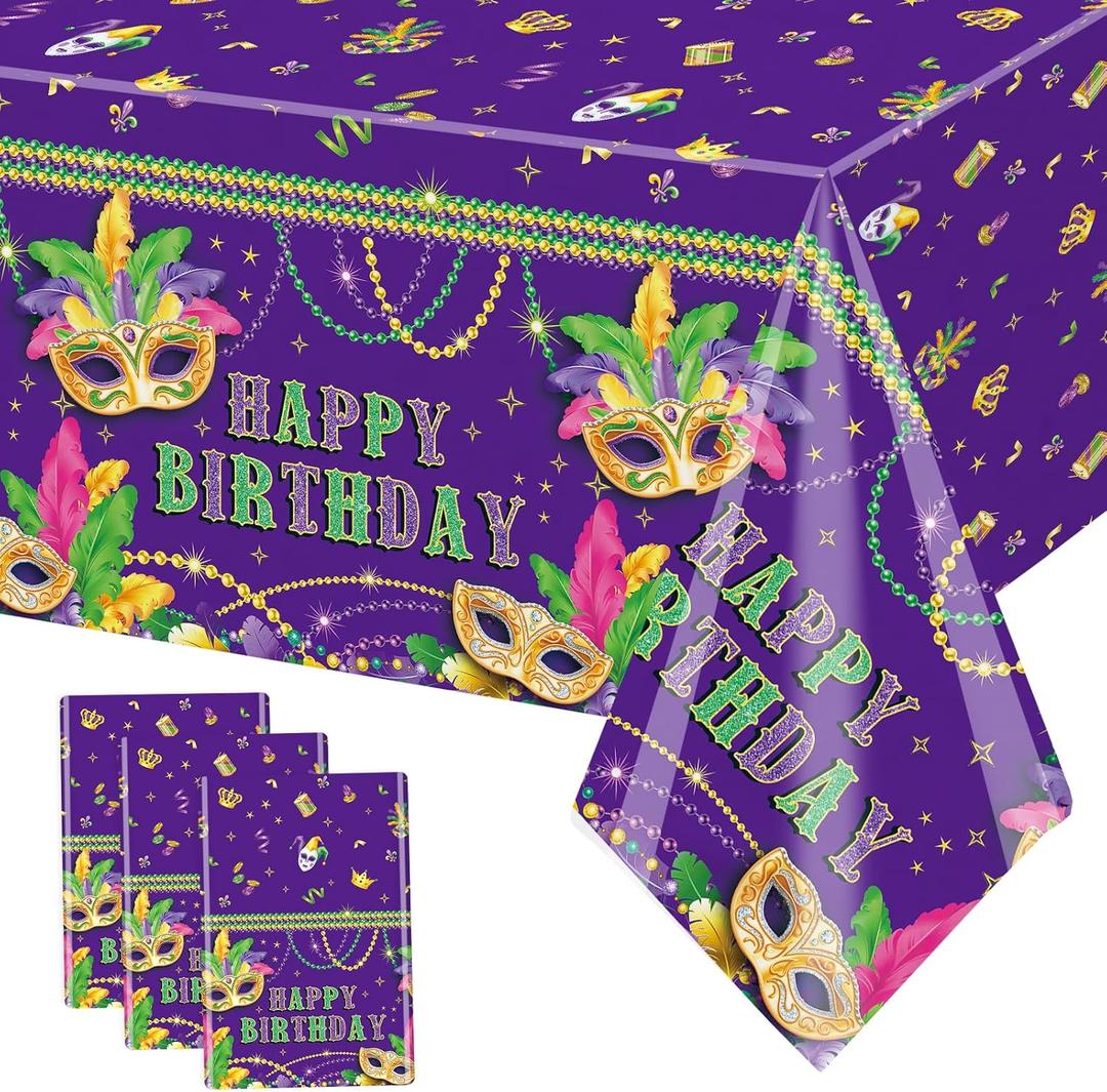MEHOFOND 3PCS Mardi Gras Plastic Tablecloths, 108x54inch Masquerade Happy Birthday Disposable Table Cover, Fat Tuseday Carnival Party Decorations, Purple Green Gold Mask Bday Table Cloth Supplies