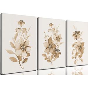 CHTEXA Neutral Floral Canvas Wall Art Set Of 3 Beige Botanical Prints Minimalist Plant Wall Decor For Living Room Bedroom Bathroom Office 16x24 Inch Ready To Hang (monochrome flowers and plants)