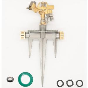 Professional Brass Head Sprinkler with Aluminum Trident Ground Stake + 3 Gaskets, Screen Filter and Thread Seal Tape - Up to 85 Foot Spray Radius (Depending on Water Pressure)