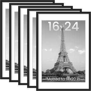 upsimples 16x24 Picture Frame Set of 5, Display Pictures 14x20 with Mat or 16 x 24 Without, Wall Gallery Poster Frames, Black
