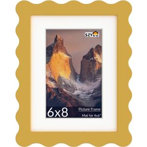 6x8 Wavy Picture Frame with Mat for 4x6, Real Glass and Wooden Frame - Tabletop or Wall Hanging Photo Frame(1 Pack, Yellow)