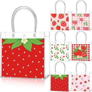 24 Pcs Strawberry Party Favor Bags Clear PVC Goodie Treat Tote Gift Bags with Handles Strawberry Theme Birthday Party Supplies