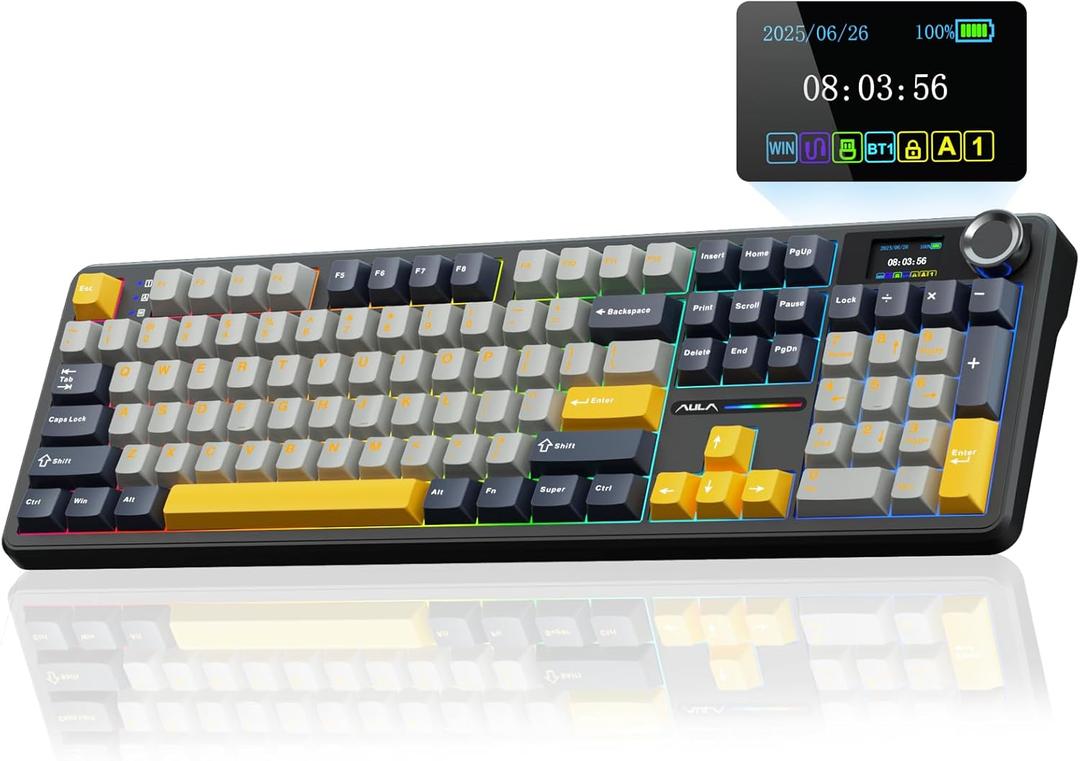 AULA F108 PRO - Wireless Mechanical Keyboard with Screen&Knob,Hot Swappable Gaming Keyboard with 8000mAh Battery,Pre-lubed Switches,RGB Backlit,PBT Keycaps Creamy Sounding Computer Keyboards,104 Keys (Gray&Yellow)