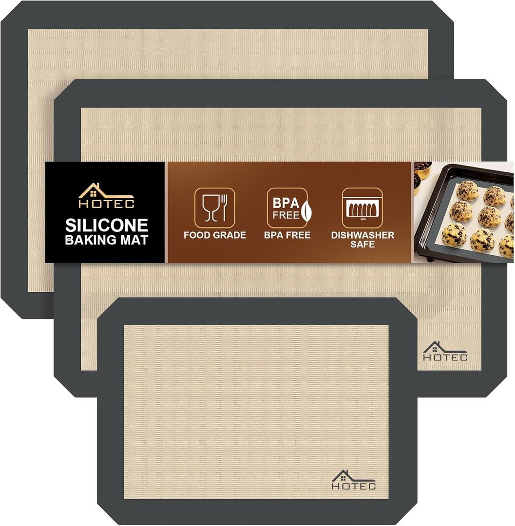 HOTEC Silicone Baking Mats 3 Pack  Non-Stick Reusable Silicone Baking Sheets for Oven  Cookie & Macaron Mats  2 Half Sheet + 1 Quarter Sheet  BPA-Free, Dishwasher Safe (Gray)