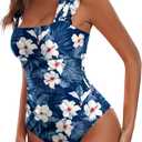Ekouaer Women's One Piece Swimsuits Square Neck Tummy Control Bathing Suit with Adjustable Ruffled Straps Swimwear (Navy Floral, Small)