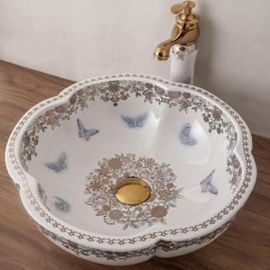 Vessel Bathroom Sink Flower Shape Design Porcelain Above Counter Sink for Bar and Cloakroom Chinese Vanity Bowl, 16.4"L x 16.4"W x 5.9"H