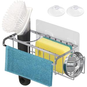 KESOL 4-in-1 Adhesive Sink Caddy: Stainless Steel Sponge Holder with Dishcloth Holder, Brush & Soap Rack, and Drain Stopper, Suction Cup with Strong Adhesives, Kitchen Sink Accessories, Silver