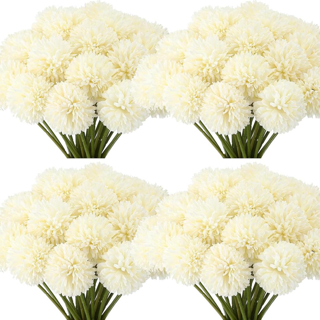 Tigeen 50 Pcs Artificial Flowers Chrysanthemum Ball Fake Flowers Lifelike Artificial Chrysanthemum Ball for DIY Wedding Bouquets Bridal Shower Table Centerpieces Home Kitchen Garden (White)