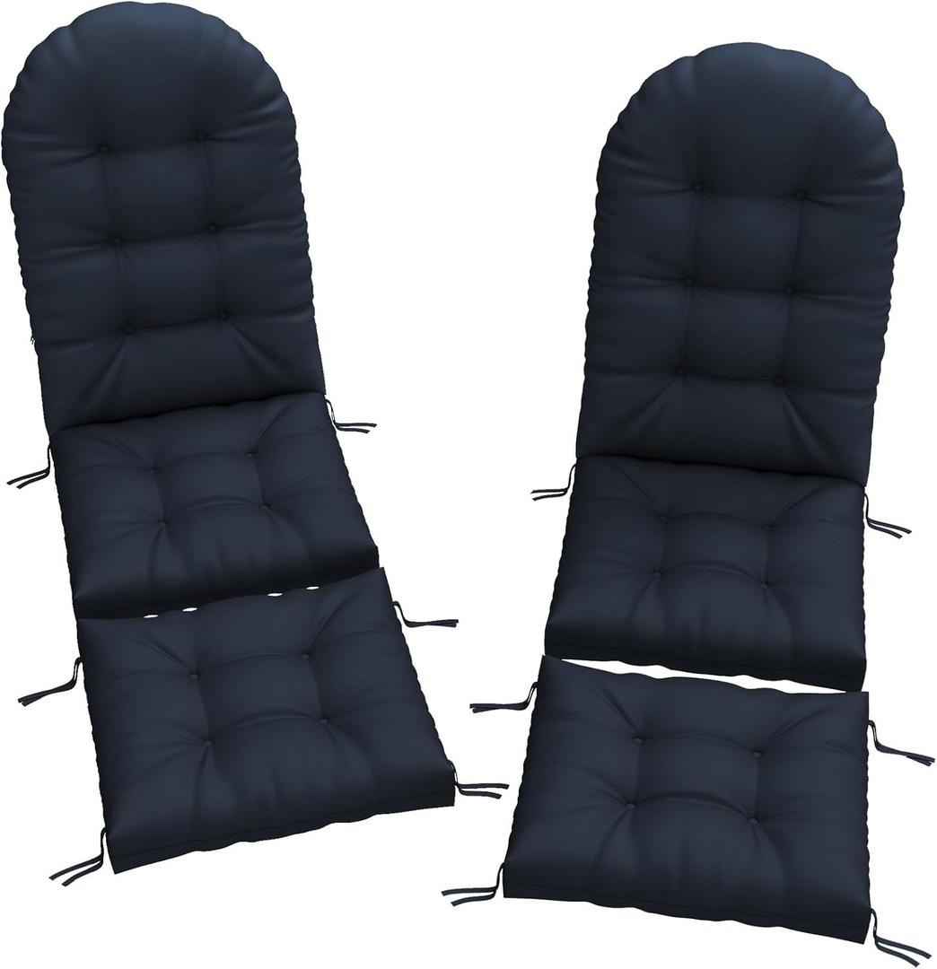 Outdoor Adirondack Chair Cushions Set of 2, 44x19x4 Inch Waterproof Rocking Chair and 17x19 Ottoman Cushion, High Back Soft Seat Pad with Ties for Patio Garden, Dark Blue